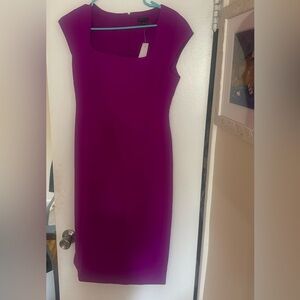 Ann Taylor Vibrant Magenta Dress Size 2 Square Neck Cap Sleeve Sheath Midi Dress